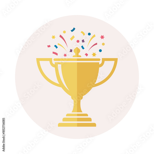 Golden trophy cup icon with colorful confetti symbolizing victory success achievement recognition celebration prize