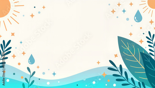Colorful nature-themed background with sun, water, and leaves  