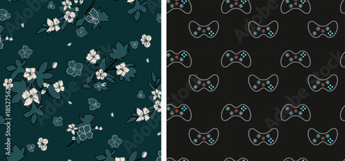 Premium Vector Pattern Bundle -Seamless Designs Featuring Hand Drawn Florals, Ethnic Geometric Borders, and Modern Gamer Motifs