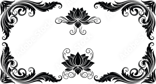 Elegant vintage floral frame set with lotus flower accents, black damask filigree corner borders, baroque scrolls, and decorative Victorian vector illustration elements for invitations.