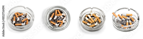 photograph of four clear glass ashtrays, each filled with numerous discarded cigarette butts and gray ash, highlighting unhealthy habits.