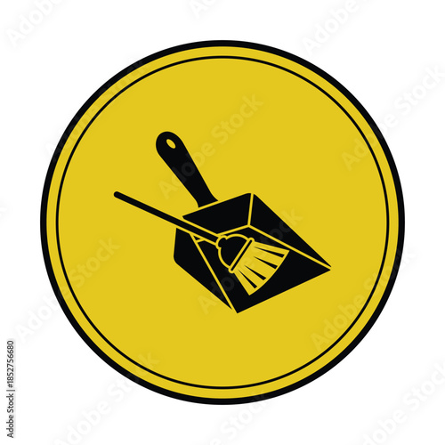 Essential Cleaning Tools Icon Yellow Circle Dustpan and Broom Symbol for Efficient Housekeeping Tidiness Sanitation and