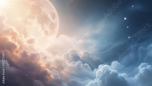 A majestic full moon illuminates a dreamlike sky filled with ethereal clouds and distant stars.