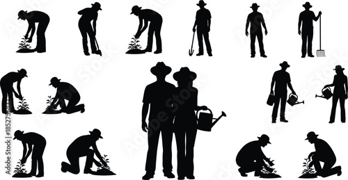 Gardeners silhouettes set, farming people planting crops, agricultural workers with tools, watering plants, harvesting vegetables, rural farming community 