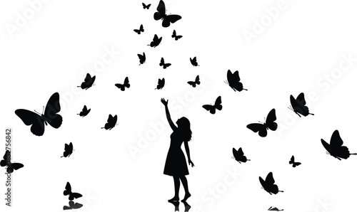 Girl silhouette reaching for flying butterflies, concept of freedom, hope, mental health recovery, inspiration, dreaming, imagination, nature beauty, emotional growth, and peace,