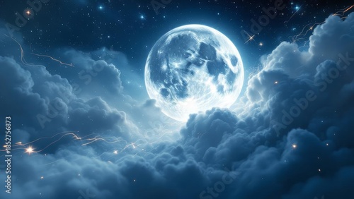 A luminous full moon shines brightly through ethereal clouds, illuminating a starry night sky with a magical glow.