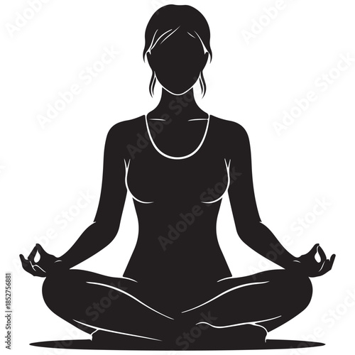 Black silhouette of a woman meditating in a lotus yoga pose a vector illustration for wellness