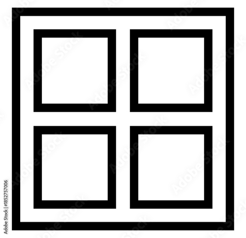 This clean, minimalist black line icon features a classic fourpane window design. Ideal for UIUX projects, app navigation menus, or structural metaphors in modern web and print design.