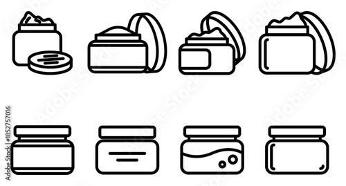 Explore a versatile set of minimalist cosmetic cream jar outline icons. These clean line art illustrations are perfect for beauty branding, web design, and skincare product packaging.