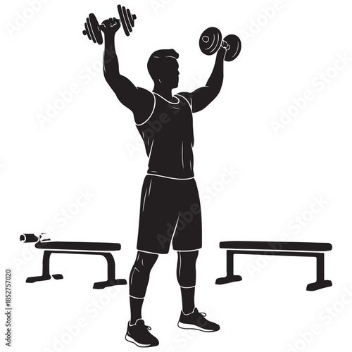 Black silhouette of a man lifting dumbbells overhead ideal for gym and fitness exercise concept