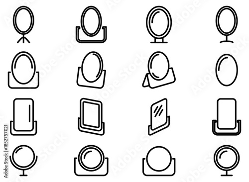 Discover a sleek collection of minimalist mirror line icons for interior design and beauty apps. These versatile vector graphics represent reflection, vanity, and modern home decor styles.