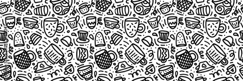Seamless pattern with hand-drawn coffee cups, tea mugs, and breakfast treats. Cute doodle cafe background with beverage icons. Perfect for kitchen textile design or restaurant decor.