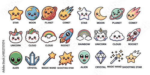 Cute cartoon space and fantasy elements set. Adorable star moon planet comet unicorn cloud rocket rainbow