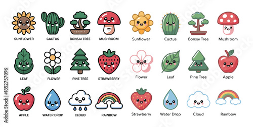 Cute cartoon nature elements set. Adorable sunflower cactus bonsai tree mushroom leaf flower pine tree