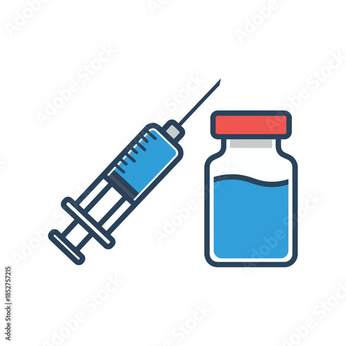 Medical syringe and blue medicine bottle vaccination icon perfect for injection healthcare immunization pharmaceutical treatment or clinical administration design