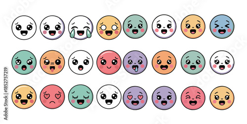 Set of cute round face emoticons expressing various emotions vector illustration