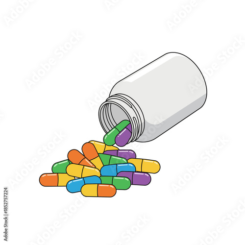 White pill bottle with colorful spilled pills medication icon perfect for pharmacy medicine prescription healthcare or pharmaceutical treatment design