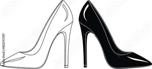 High heel pumps vector illustration, elegant black and white stiletto shoes icon set, fashion footwear line art design elements for beauty and style