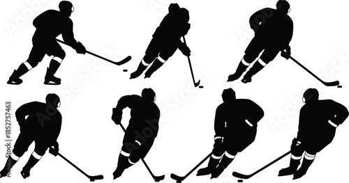 Ice hockey player silhouettes set, professional athletes skating and shooting puck during game, isolated vector illustration collection for sports competition design projects.