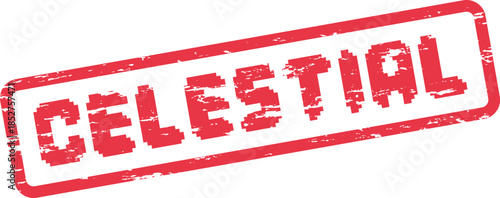 Distressed red pixelated stamp with the word Celestial enclosed in a rectangular outline on a white backdrop