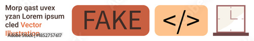 Fake news, digital coding, content accuracy, misinformation, coding design, information analysis. Features fake news label, coding brackets and a clock symbol. Fake news and digital coding subjects