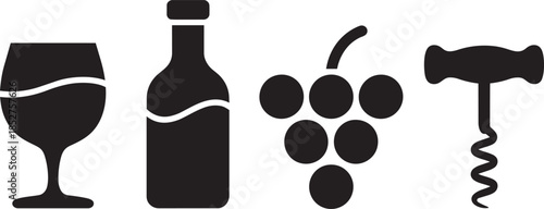 Wine glass bottle grapes and corkscrew for beverage and drinking
