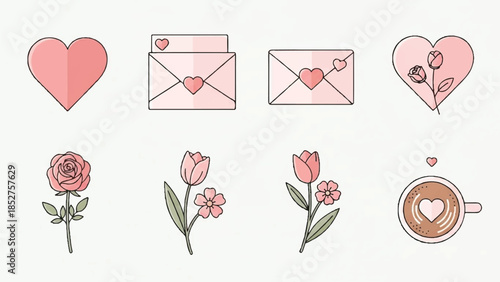 Valentine's Day icons set with hearts, envelopes, flowers, and coffee on a white background.