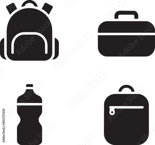 Backpack briefcase water bottle and lunch bag icons for school travel and daily commute
