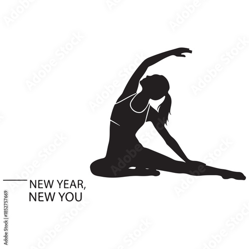 Woman silhouette doing yoga pose with New Year New You text a minimalist vector for fitness