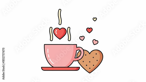 A heart-shaped cookie and steaming hot coffee in a pink cup on a saucer surrounded by hearts