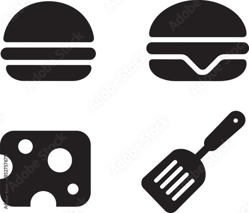 Burger cheeseburger slice cheese and spatula icons set food and cooking graphic elements flat design