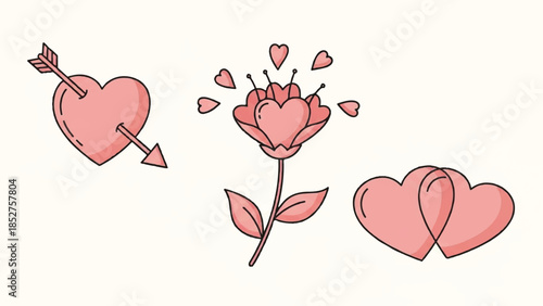 Illustration of heart symbols including an arrow-pierced heart, a rose with exploding hearts, and intertwined hearts on a white background eps file
