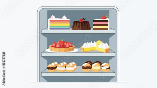 Assorted pastries and cakes displayed on shelves inside a modern refrigerator, showcasing various desserts in a domestic kitchen environment from a front viewpoint.