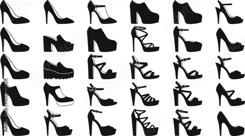 Large collection of elegant high heels silhouettes, fashionable women footwear icons set, stylish stiletto pumps, platform sandals, and trendy summer boots vector illustration