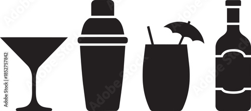 Set of cocktail martini shaker umbrella bottle black vector illustration alcohol drink icons