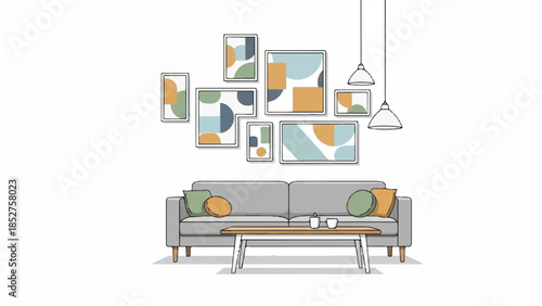 Modern living room interior with abstract art on the wall and a sleek gray couch with colorful pillows under pendant lights