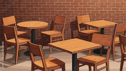Outdoor furniture setup with wooden tables and chairs against a brick wall in a serene environment viewed from an angle