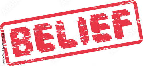 Red pixelated word BELIEF within a distressed rectangular stamp design