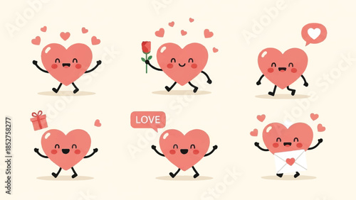Cartoon hearts with facial expressions and gestures, celebrating love and affection in a playful digital illustration