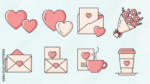 Collection of love-themed illustrations featuring hearts, envelopes, and coffee cups in a minimalist style
