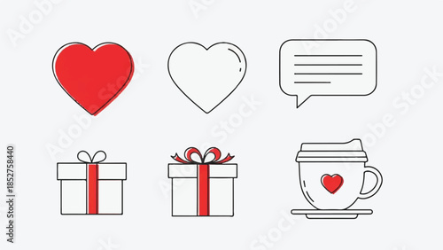 Valentine's Day icons collection featuring heart symbols, gift boxes, and a coffee cup with love theme