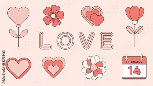 Valentine's Day Illustration Featuring Hearts and Flowers on a Soft Pink Background