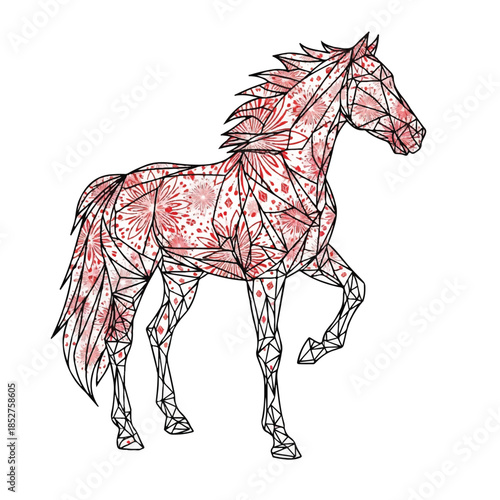 Geometric horse illustration showcasing vibrant red and black lines on a white background, capturing dynamic movement and elegance.