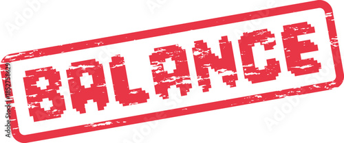 Red pixelated word BALANCE within a distressed rectangular stamp design