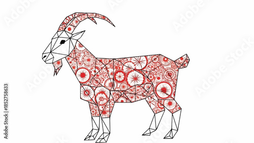 Illustration of a goat with floral patterns, showcasing artistry and animal design, in a simple white background, viewed from the side