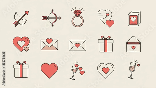 Collection of Valentine's Day icons featuring hearts, gifts, and love symbols in a minimalist design style