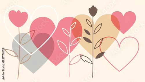 Illustration of hearts and plants in various colors and shapes, symbolizing love and nature.