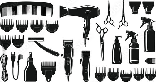 Professional barber shop tools set, hair stylist equipment collection, salon accessories vector, clippers, scissors, comb, hair dryer, spray bottles, grooming kit icons, isolated illustration
