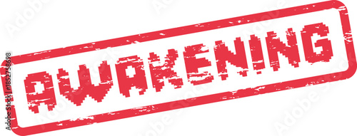 Red pixelated AWAKENING word inside a distressed rectangular stamp frame