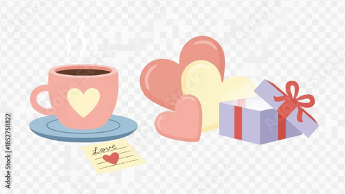 Romantic Coffee Cup with Heart-Shaped Cookies and Gift Box on Transparent Background
